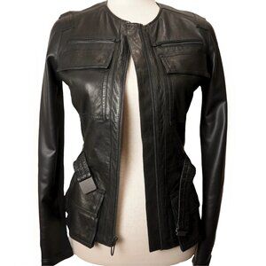 Vince 100% Leather Jacket in Black with Pockets Zip Front Removable Belt XS